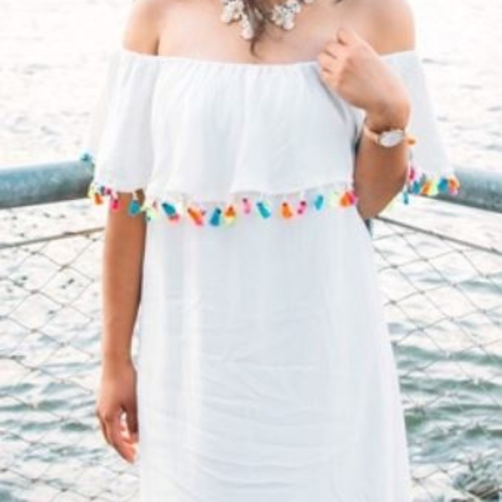 White Colorful Off the Shoulder Tassel Dress